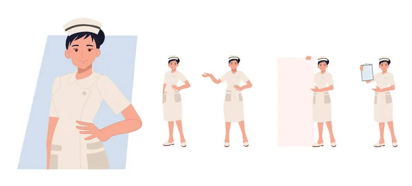 Character Set Female Nurse Different Poses Emotions Vector Cartoon Illustration — Vetor de Stock