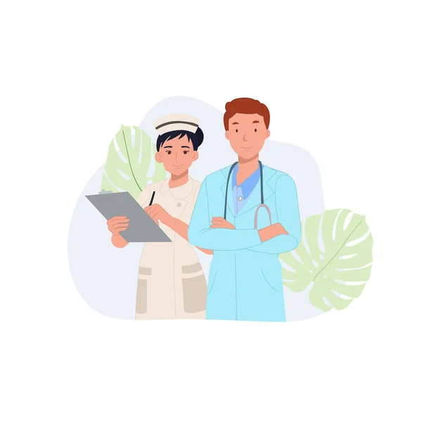 Hastanede çalışan karakterler. Hemşire, doktor. Erkek ve kadın tıbbi karakterler. Vektör illüstrasyonu