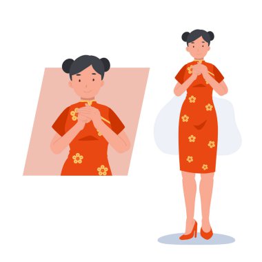 Çinli Yeni Yıl kadını selamlaması. Düz vektör çizgi film karakteri çizimi 