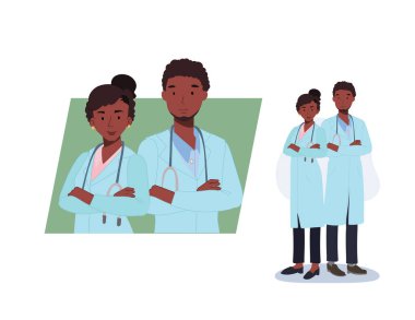 Afrikalı Amerikalı Doktor. Hastane personeli. Erkek ve kadın sağlık çalışanları. Düz vektör çizgi film karakteri çizimi