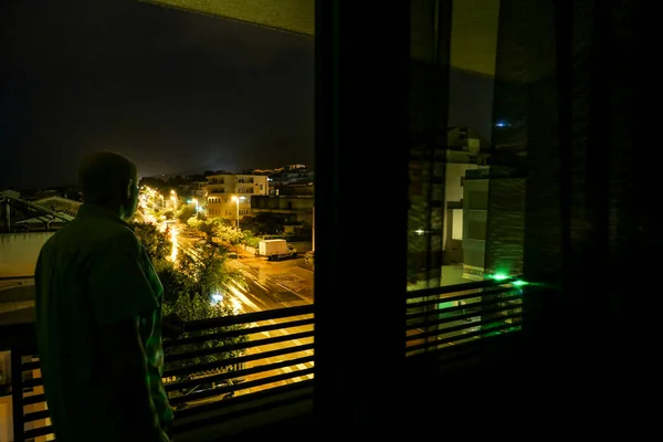 Makarska Croatia Man Stands Alone Balcony Night Overlooking City — Stock Photo, Image