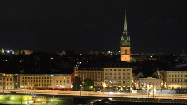 Stockholm Svédország Egy Éjszakai Kilátás Monetliusvagen Óváros Gamla Stan Slussen — Stock videók