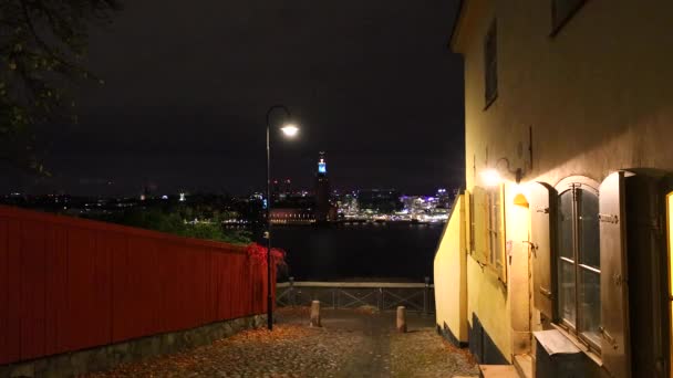 Stockholm Zweden Nachtzicht Vanuit Monetliusvagen Oude Binnenstad Gamla Stan Slussen — Stockvideo