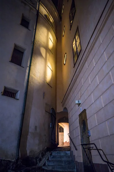 Stockholm Sweden Old Buildings Island Riddarholmen Night Narrow Passage Birger — Stock Photo, Image