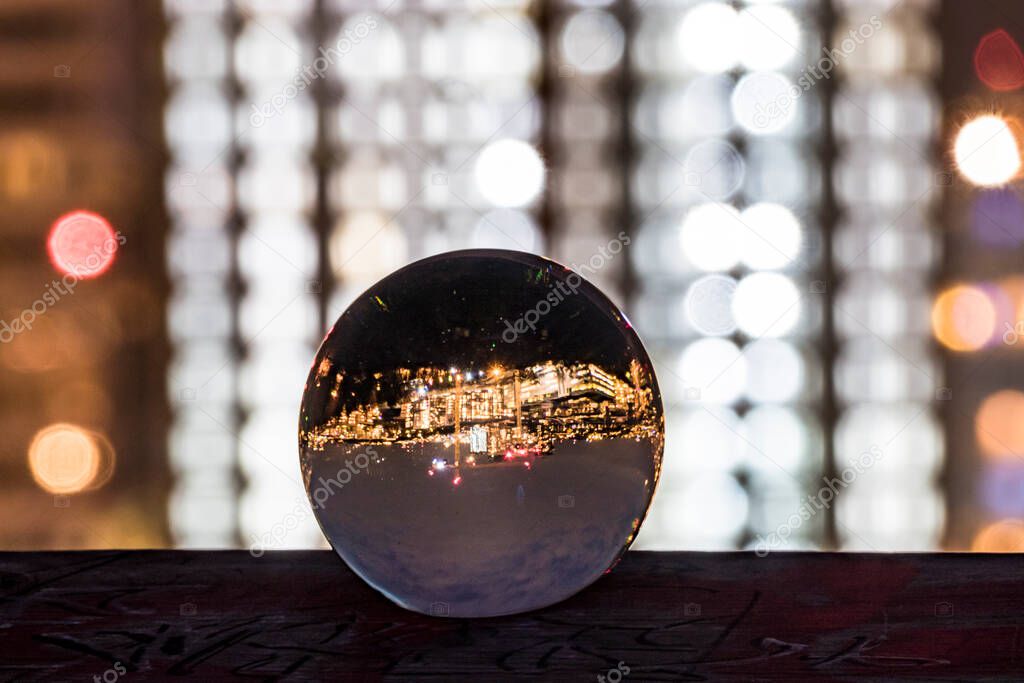 Stockholm, Sweden, The neigbourhood of Liljeholmskajen seen through a crystal ball.