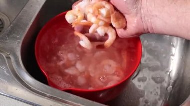 Çiğ karides lavabodaki bir kase suyun içinde çözünüyor..