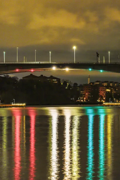 Estocolmo Suécia Vista Auto Estrada Essingeleden Ponte Luzes Navegação Náuticas — Fotografia de Stock