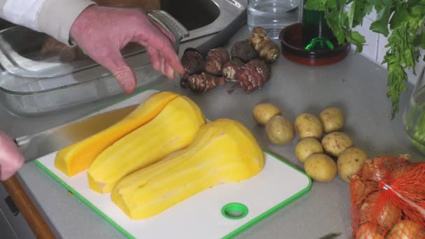 Cook Prepares Butternut Squash Bake Oven — Stock Video