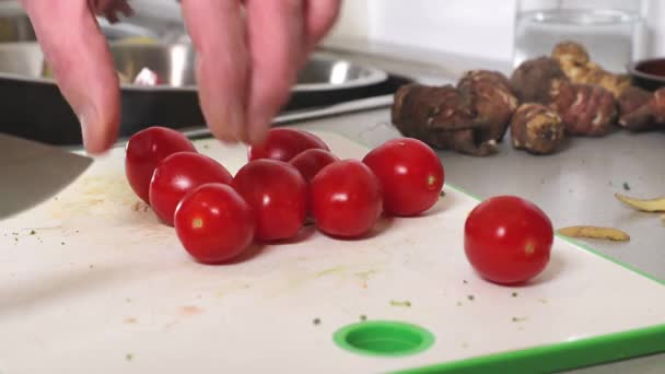 Cook Slices Cherry Tomatoes Cutting Board — Stock Video