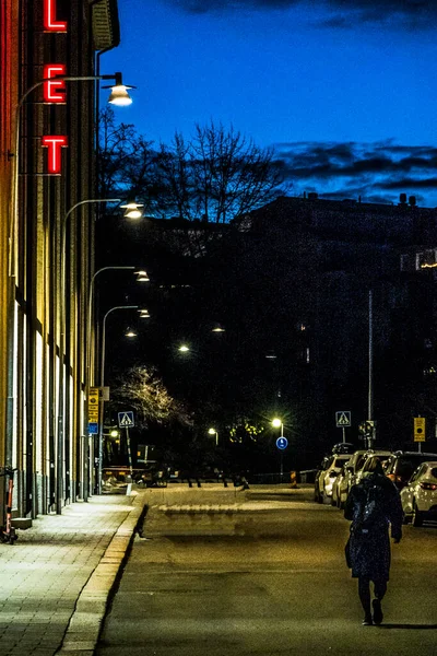 Stockholm Sweden Person Walks Alone Night Street Sodermalm — Stock Photo, Image