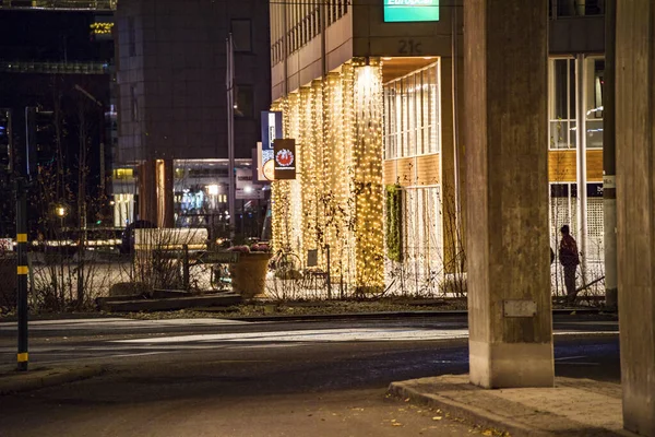 Stockholm Sweden People Liljeholmen Marievik District Night Christmas Decorations — Stock Photo, Image