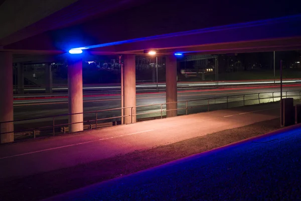 Stockholm Sweden Colored Lights Unde Bridge E18 Highway — Stock Photo, Image