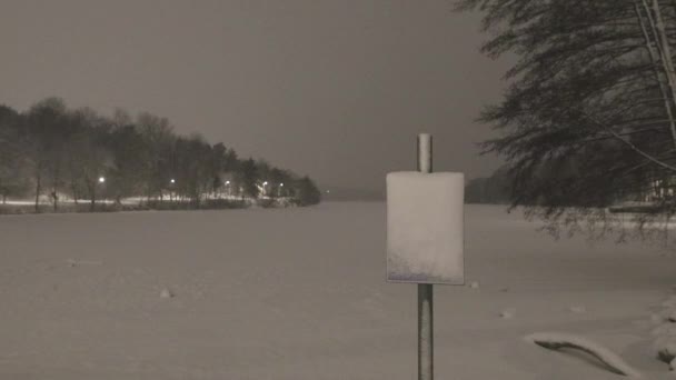 Stockholm Sweden Snow Covered Sign Dangerous Ice Covered Snowstorm Vinterviken — Stockvideo