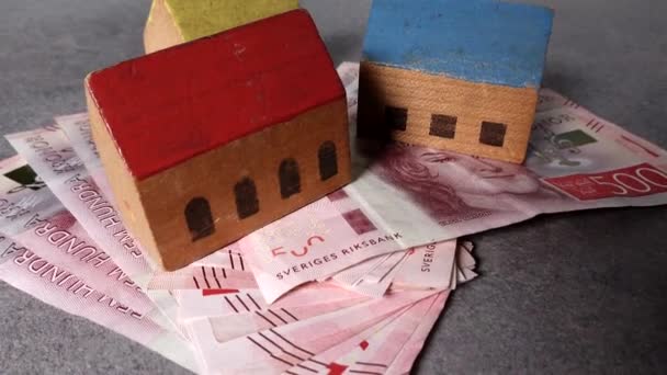 Stockholm Sweden Toy Houses Top Pile Swedish 500 Notes — 图库视频影像