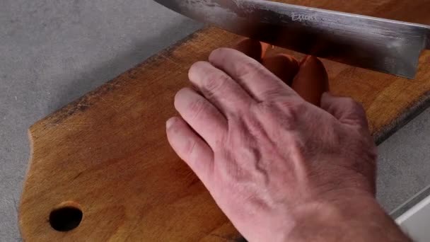 Man Slices Chorizo Sausage Cutting Board — Stock video