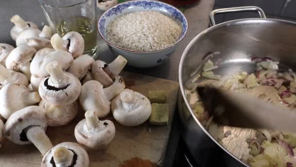 Mushrooms Frying Make Mushroom Risotto — Stock Video