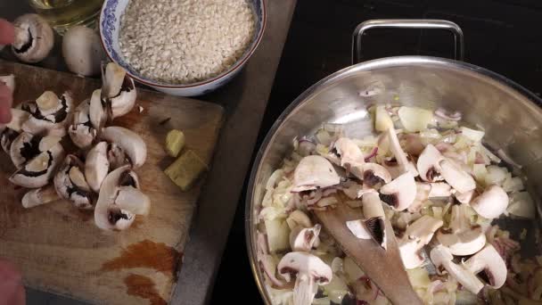 Cogumelos Fritando Para Fazer Risoto Cogumelos — Vídeo de Stock