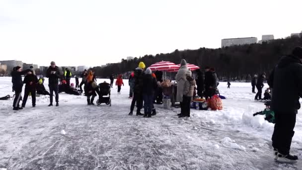 Stockhom Sverige Skridskoåkare Trekanten Lake Och Korvstånd — Stockvideo