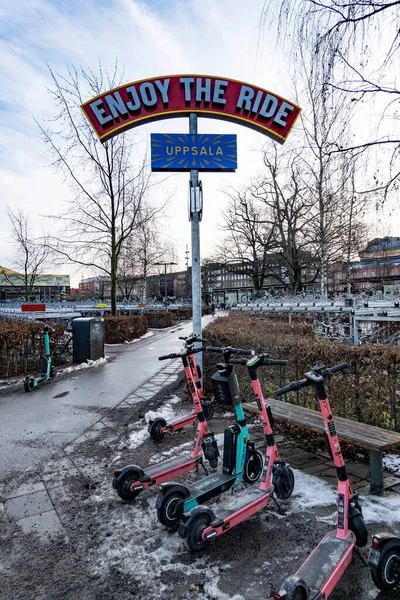 Uppsala Szwecja Znak Enjoy Ride Dworcu Centralnym Uppsali — Zdjęcie stockowe