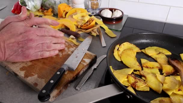 Cook Chops Mushrooms Places Them Frying Pan Butternut Squash — Stock Video