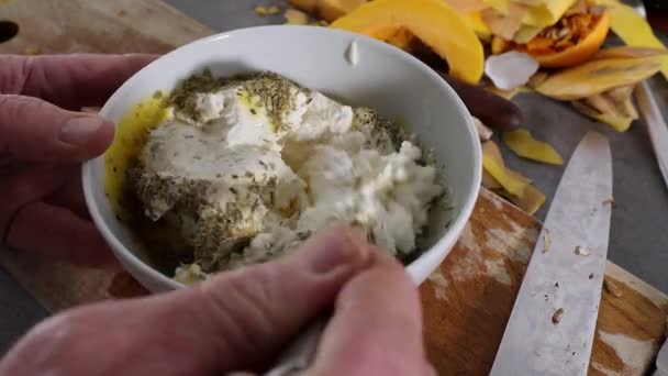 Cook Mixes Ricotta Cream Cheese Bowl Rosemary — Stock Video