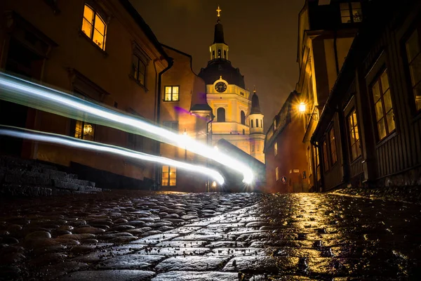 Estocolmo Suécia Igreja Katarina Noite Katarina Kyrkobacke Sodermalm Faixas Carro — Fotografia de Stock