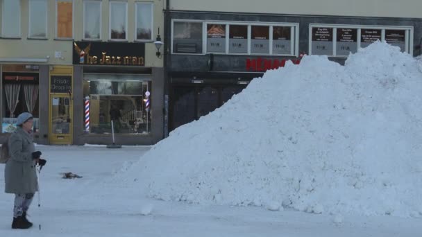 Σούντσβαλ Σουηδία Πεζοί Που Περπατούν Στο Χιονισμένο Κέντρο Της Πόλης — Αρχείο Βίντεο