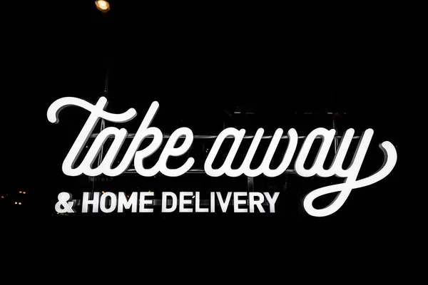 Stockholm Sweden Take Away Home Delivery Neon Sign Restaurant Window — Stock Photo, Image