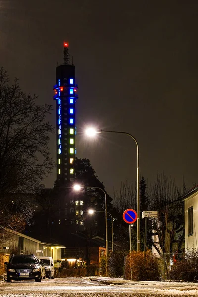 Estocolmo Suécia Torre Telefonplan Noite Bairro Residencial — Fotografia de Stock