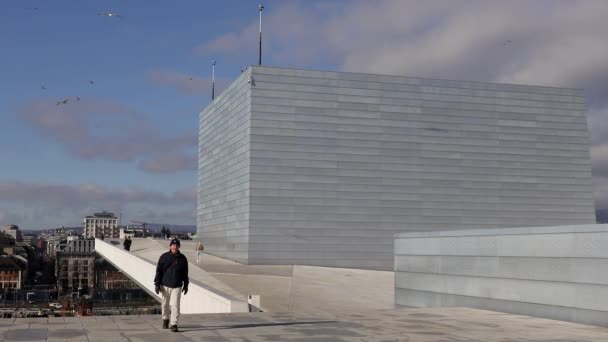 ノルウェー オスロオペラハウスの屋根の上を歩く人々 — ストック動画