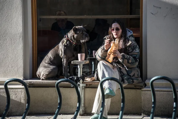 Oslo Norway Woman Sits Her Large Dog Outdoor Cafe Downtown — Stock Photo, Image