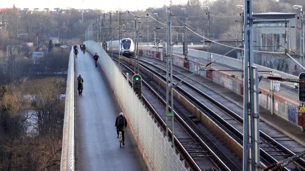 Stockholm Sveçli Yayalar Liljeholmen Sodermalm Arasındaki Arsta Tren Köprüsünü Yürüyerek — Stok video