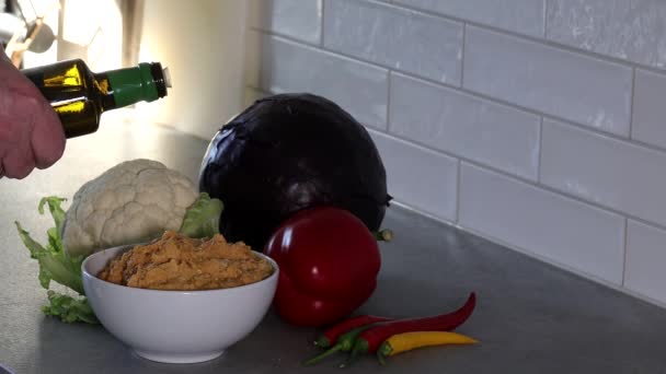 Olive Oil Poured Hummus — Stock Video