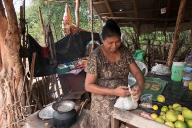 Matara, Sri Lanka Çiftlik tezgahındaki bir kadın müşteri için meyve topluyor.