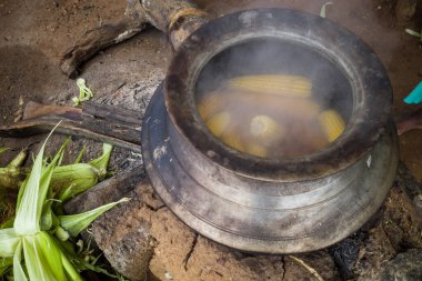 Tissa, Sri Lanka. Yolun kenarındaki yiyecek tezgahında taze haşlanmış mısır var..