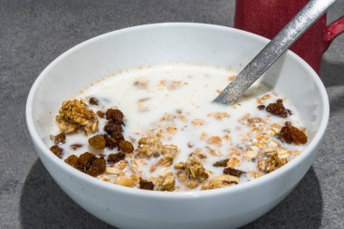 Bir kase tahıl gevreği, sütlü ve kuru üzümlü..