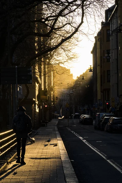 Stoccolma Svezia Una Persona Cammina Lungo Tjarhovsgatan Sole Del Mattino — Foto Stock