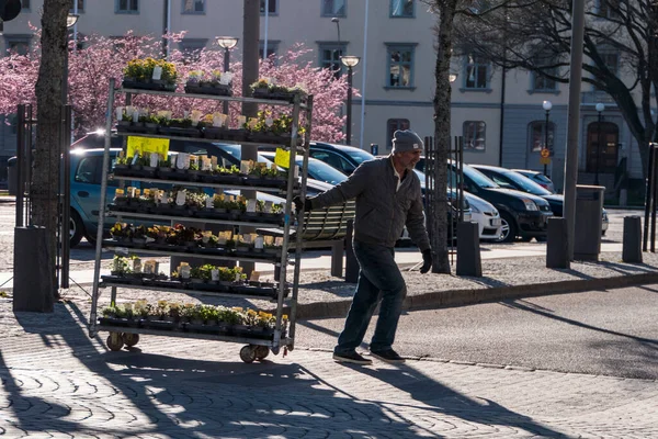 スウェーデンのヴァナースボルグ男は閉店時に通りの向こうに花のトラックを押しています — ストック写真