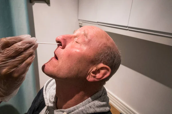 Stockholm Sweden Middle Aged Man Takes Antigen Covid Test Nose — Fotografia de Stock