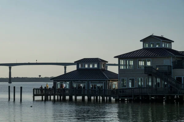 Solomons Maryland Pier Restaurant Shores Patuxent River Solomons Bridge Sunset — Stock Photo, Image