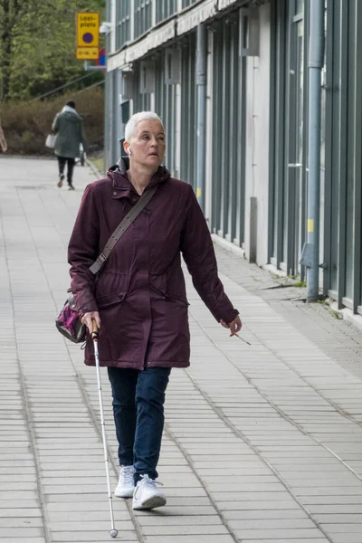Stockholm Sweden Blind Woman Cane Walking Street Cigarette — Fotografia de Stock