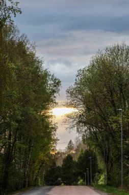 Stockholm, İsveç Baharda gün batımında bir köy yolu.
