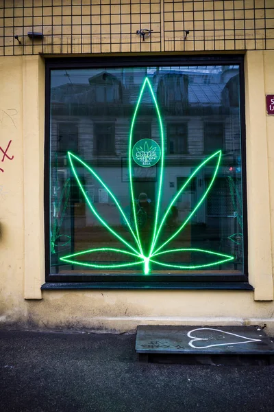 Ryga Łotwa Duży Neonowy Liść Marihuany Zdobi Okno Kawiarni — Zdjęcie stockowe