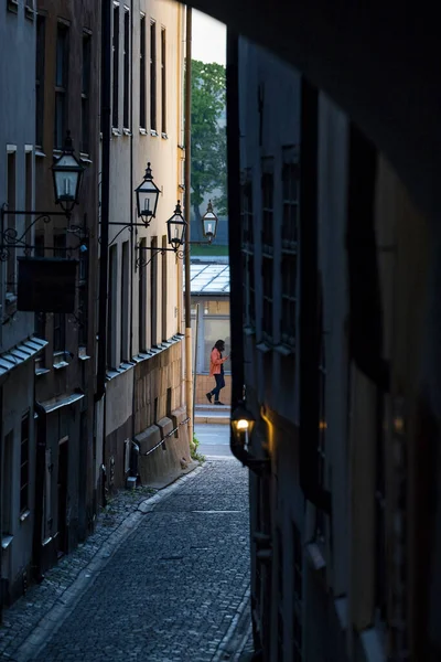 Stockholm Sveç Stora Hoparegrand Bir Yaya Yürüyor Gamla Stan Old — Stok fotoğraf