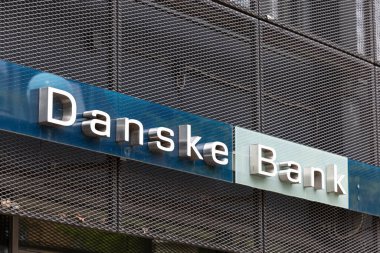 Hjorring, Danimarka Danimarka Danske Bankası için bir tabela.