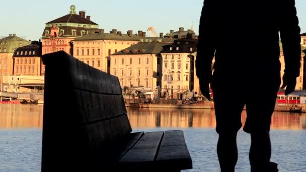 Estocolmo Suecia Hombre Sienta Banco Skeppsholmen Con Una Vista Sobre — Vídeo de stock