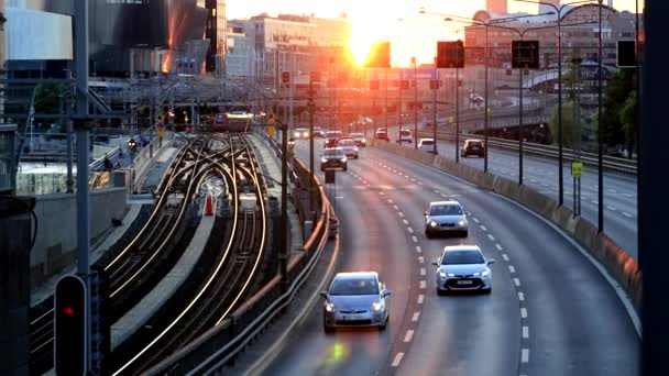 Stockholm Zweden Verkeer Centralbron Central Bridge Bij Zonsondergang — Stockvideo