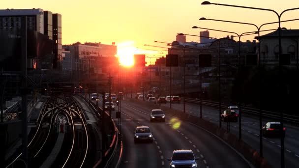 Stockholm Zweden Verkeer Centralbron Central Bridge Bij Zonsondergang — Stockvideo