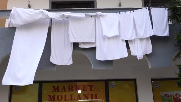 Ksamil Albania White Laundry Drying Blowing Wind — Stok video