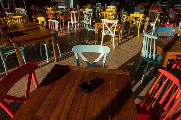 Ksamil Albania Colorful Tables Chairs Outdoor Restaurant — Zdjęcie stockowe